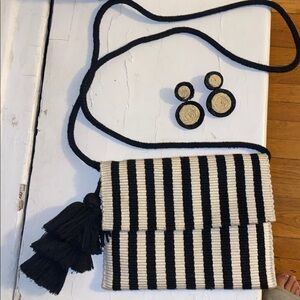 Black and Cream Striped Crossbody Bag with matching raffia earrings